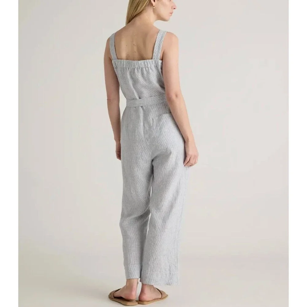Quince 100% European Linen Square Neck Jumpsuit Womens M Blue Stripe NO BELT